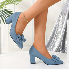 Women's Bowknot Denim Pumps Pointed Toe Slip On Mid Heels Dress Shoes