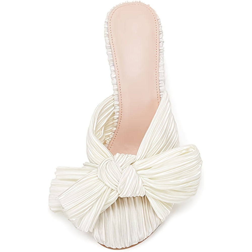 Women's Pleated Bow Knot Sandals Chunky Heel Open Toe Wedding High Heels