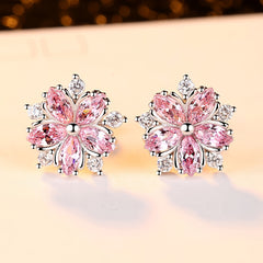 Cherry Blossoms Zircon Stud Earrings For Women Girls Dainty Jewelry