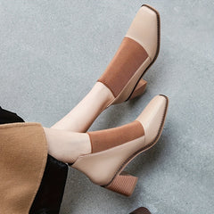 Women's Chunky Heel Ankle Boots Square Toe Knitted Slip On High Heels