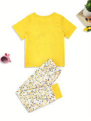 Toddler Girls Pajamas Set Cartoon Print Short Sleeve Top & Matching Pants