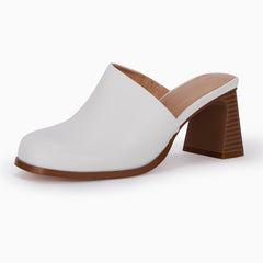 Women's Chunky Heeled Mules Slip On Stacked Heels Faux Leather