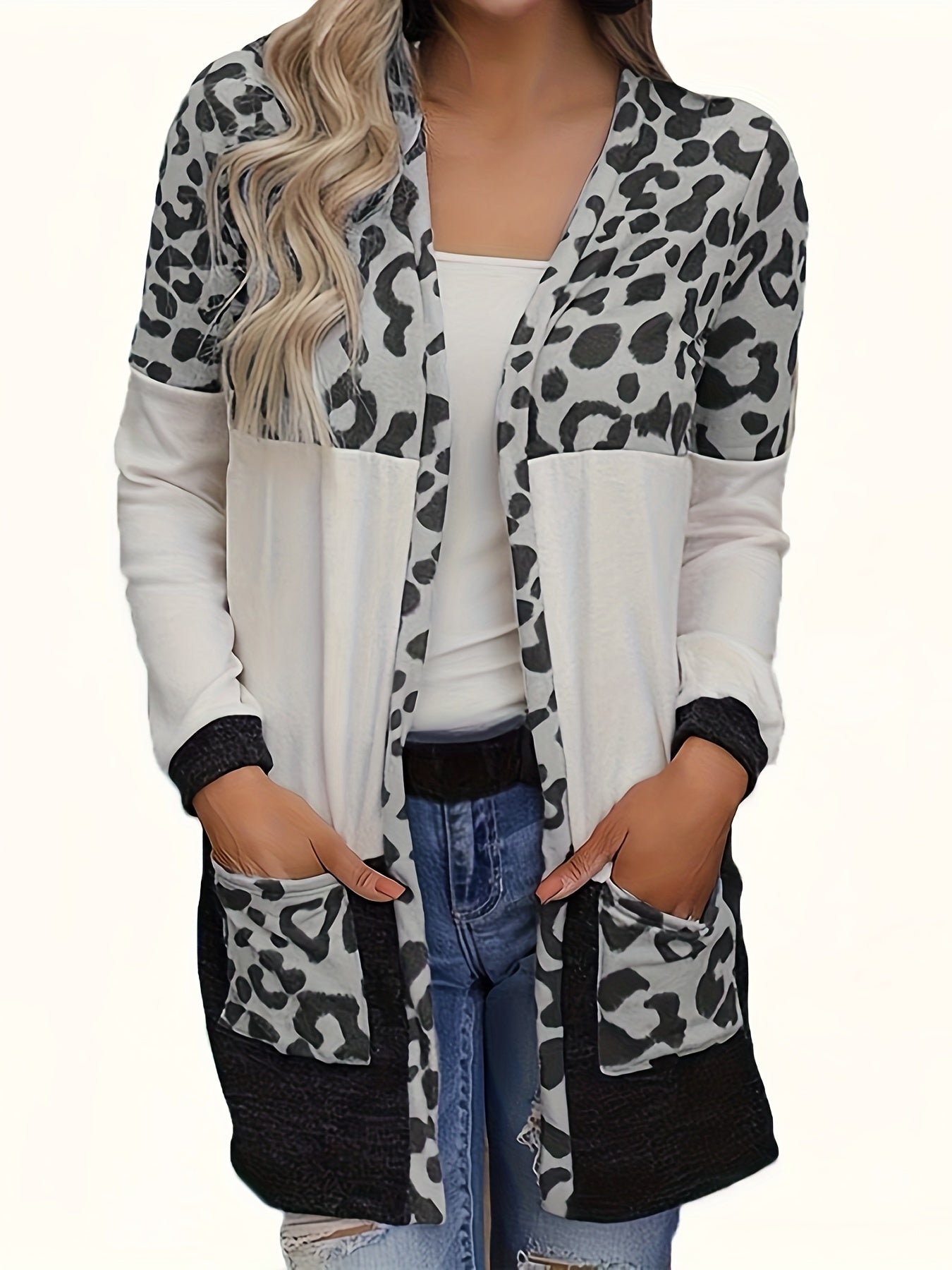 Leopard Print Open Front Cardigan with Pockets