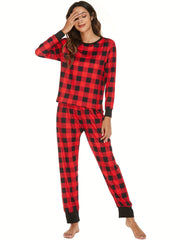 Plaid Christmas Lounge Set Long Sleeve Top & Pants Women's Loungewear