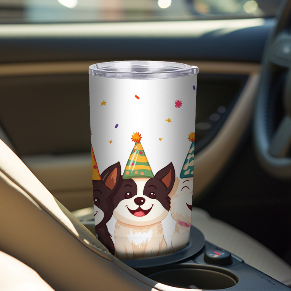 20oz Stainless Steel Mug Smiling Dogs Party Hats Leakproof Lid Travel Cup