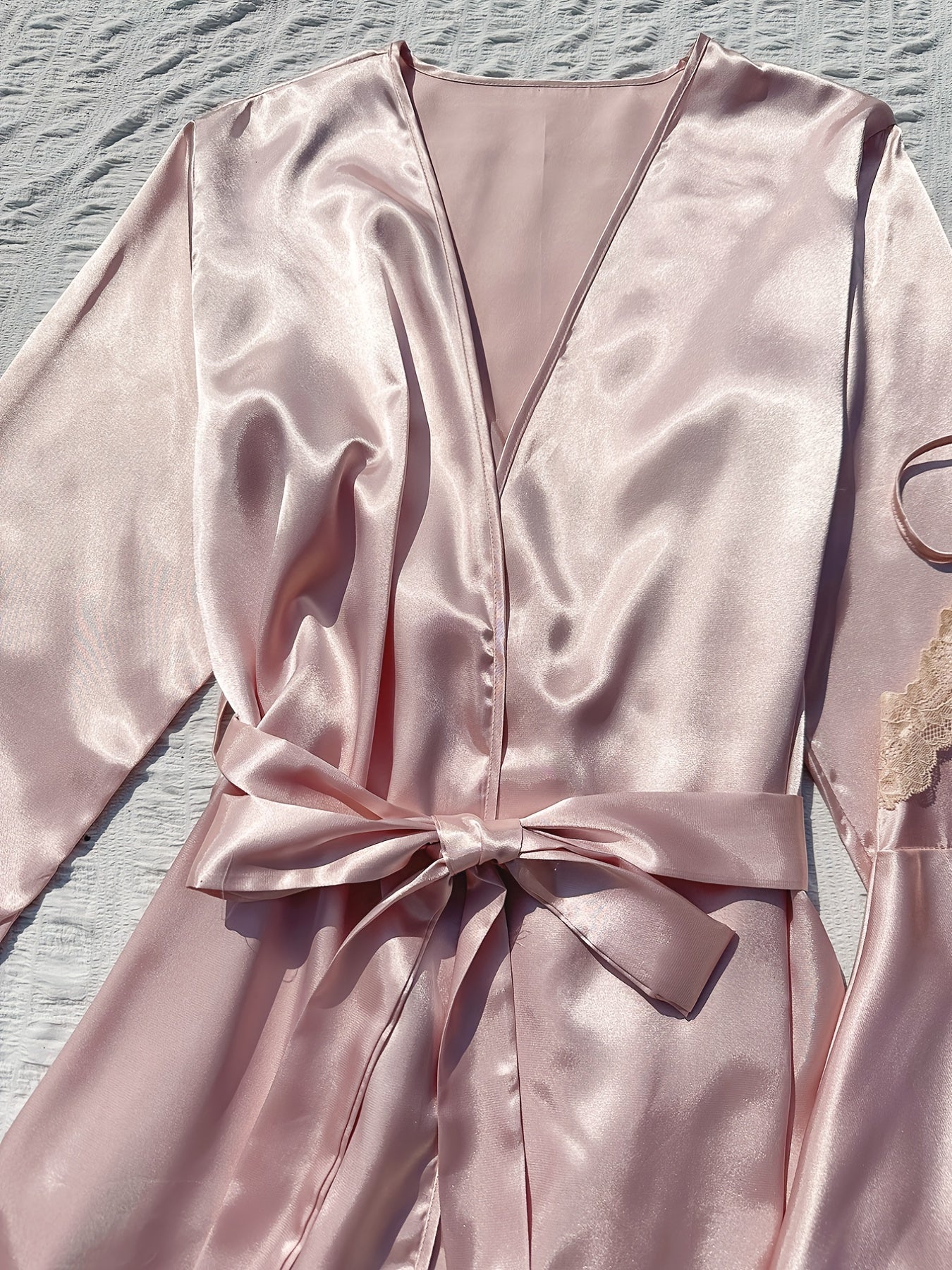 2pcs Satin Robe & Cami Dress Set with Lace Trim