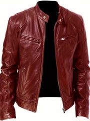 Stylish PU Biker Jacket Men's Casual Zip Up Faux Leather Jacket