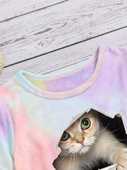 Kitty & Tie Dye Tee for Toddler Girls Short Sleeve Crewneck Summer Top