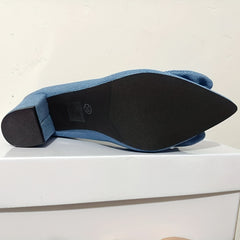 Women's Denim Bowknot Heels Pointed Toe Slip On Chunky Mid Heels