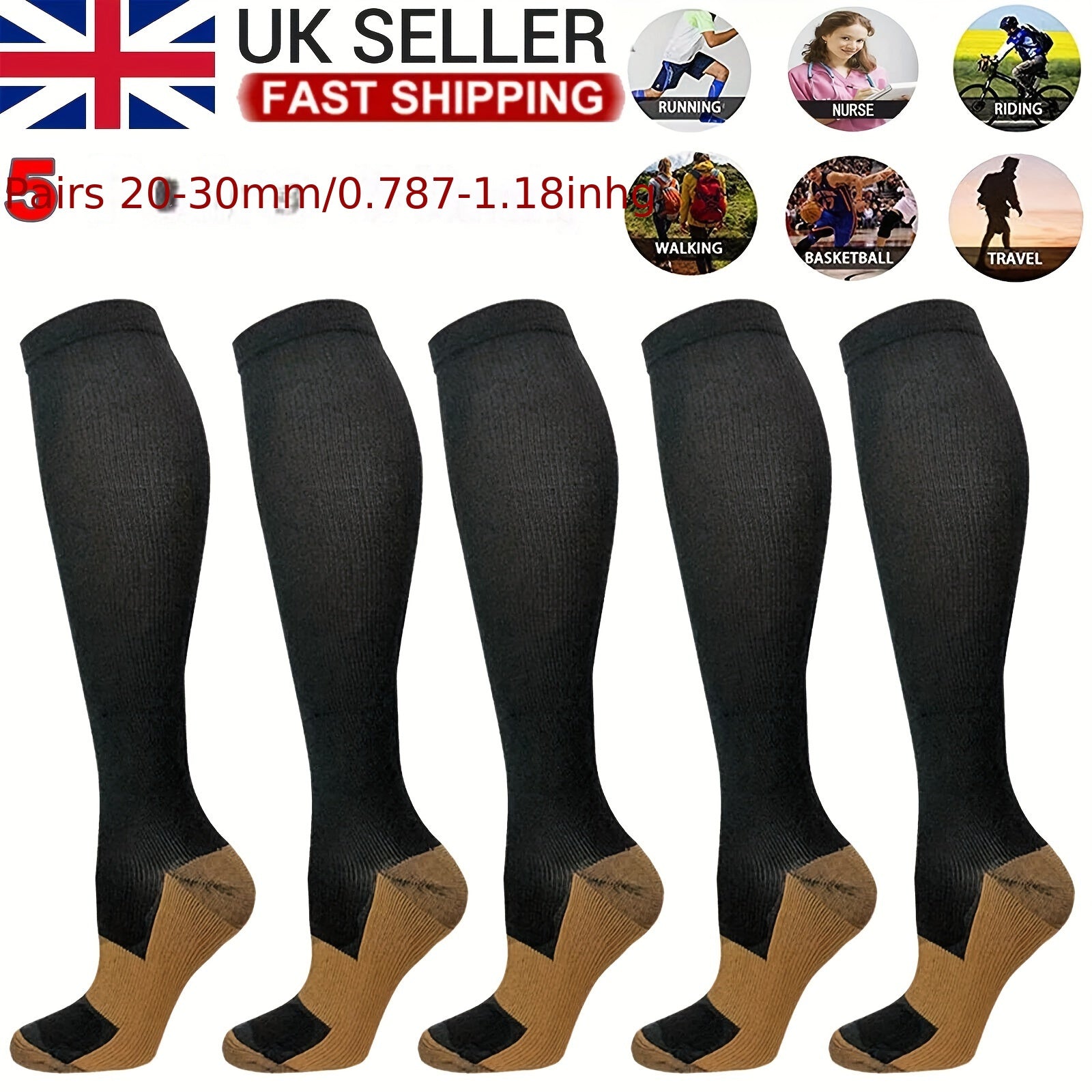 5 Pairs Copper Compression Socks 20-30mmHg Graduated Pressure Striped Pattern
