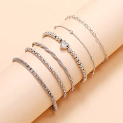 6pcs Silver Beaded Heart Pattern Multilayer Bracelet Set for Women