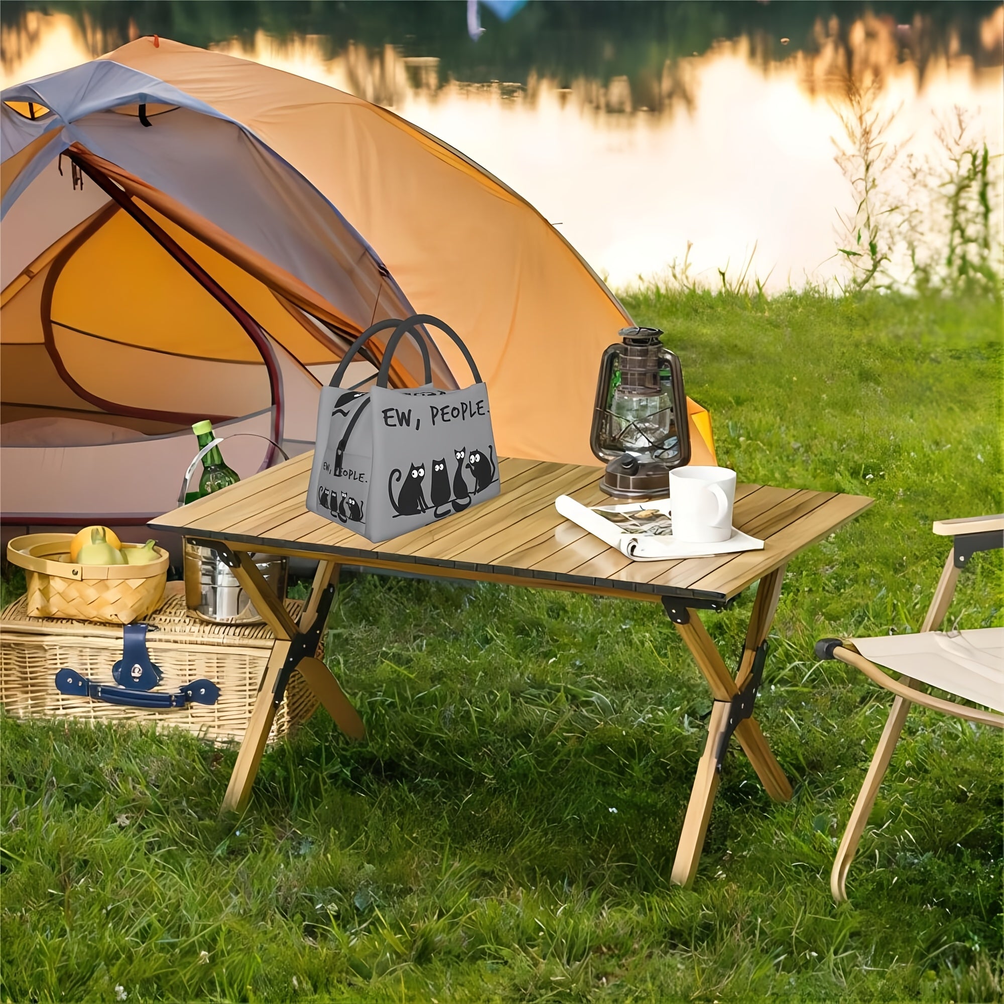 People Cat Insulated Lunch Bag Reusable Gray Cooler Tote Cartoon Cats Camping Pi