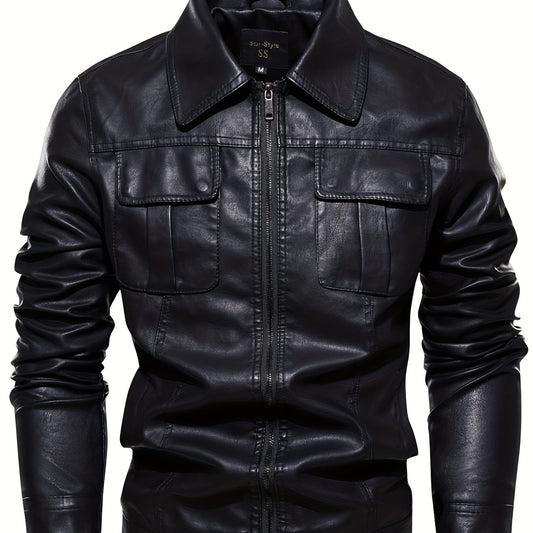 Men's Retro PU Leather Jacket Zip Up Lapel