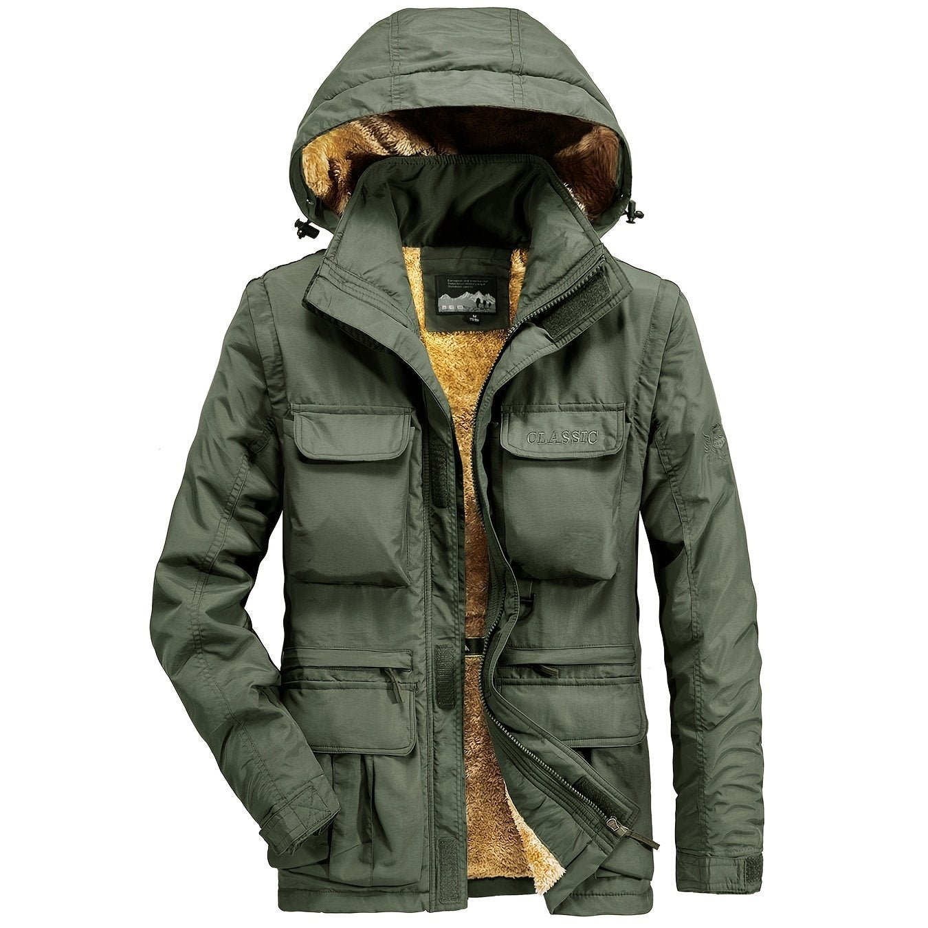 Men's Cargo Jacket Warm Coats Fleece Lined Military Jackets with Hood