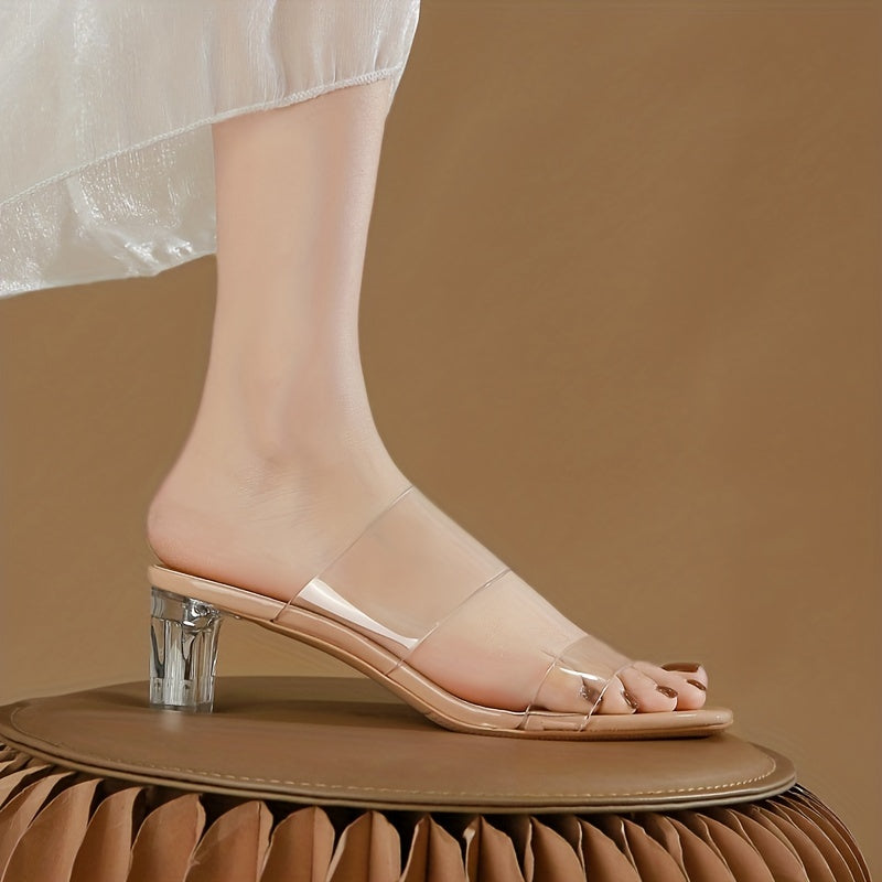 Crystal Block Heel Sandals Double Strap Pumps Square Toe Women's Summer Heels