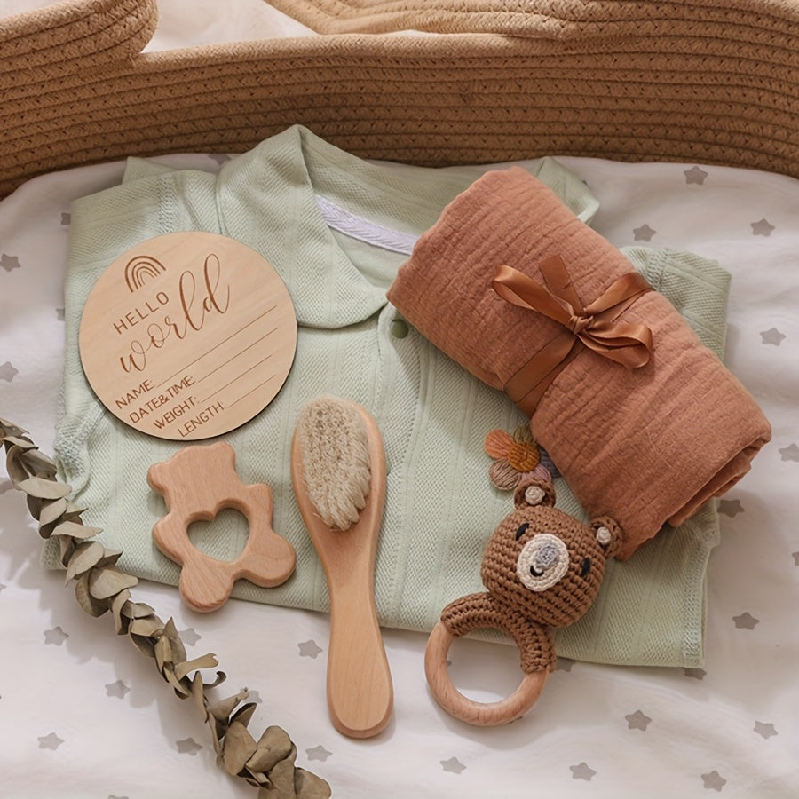Baby Bath Set Bamboo Towel Rattle Brush Props