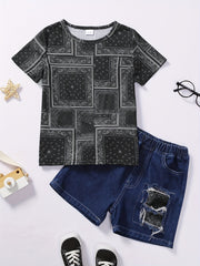 Boys Allover Print Casual Outfit Round Neck T shirt & Denim Shorts Set