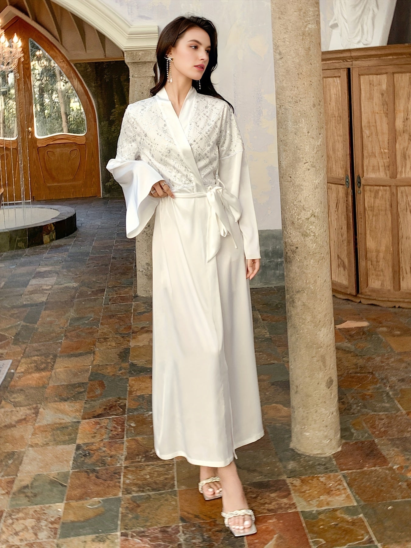 Sequin Satin Lounge Robe V Neck Long Sleeve Home Robe