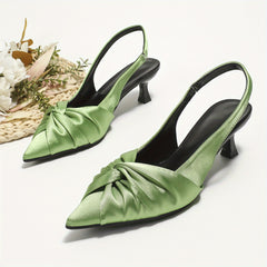 Women's Satin Kitten Heels Pointed Toe Bow Elastic Strap Slip On Low Heels