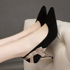 Women's Bowknot Rhinestone Pumps Pointed Toe Stiletto Heels