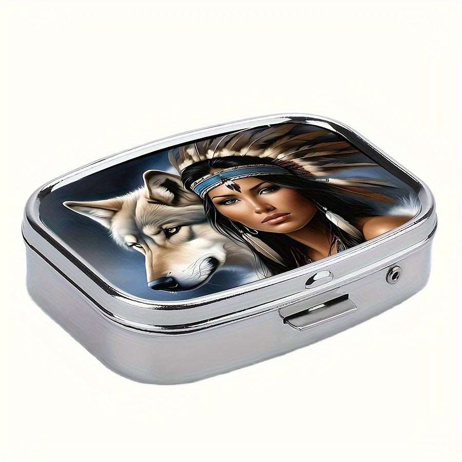 Medicine Organizer Wolf Girl 2 Compartments Metal Storage Box