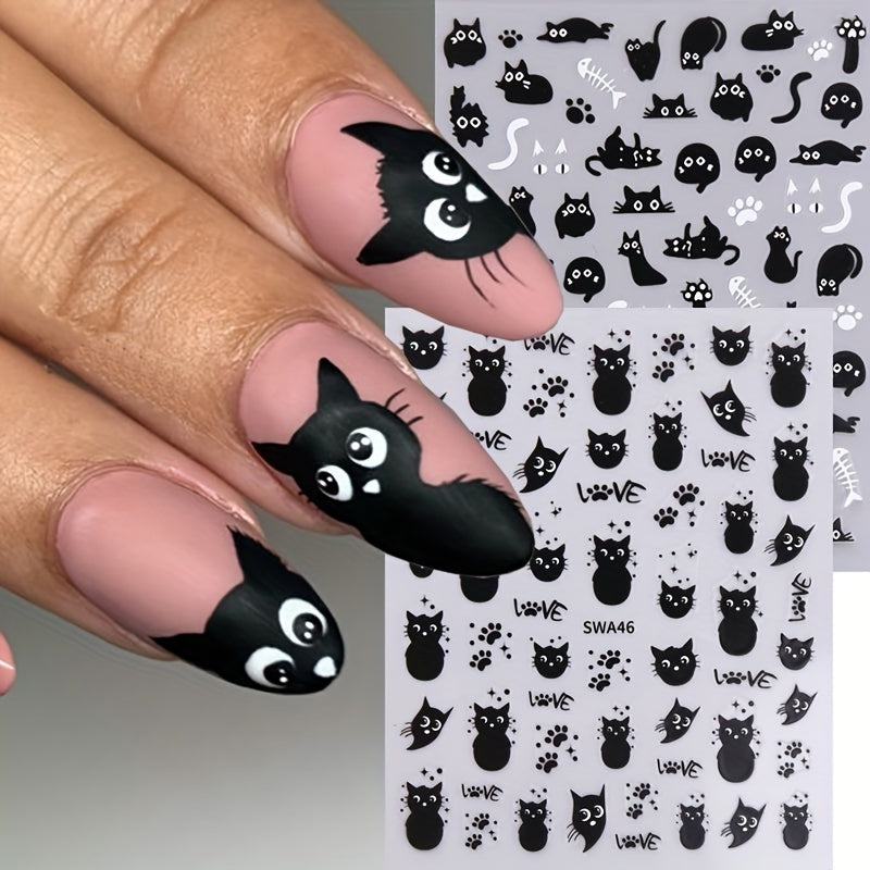 2 Pack Cat Nail Art Stickers Halloween Cartoon Animal Decals DIY Decorations