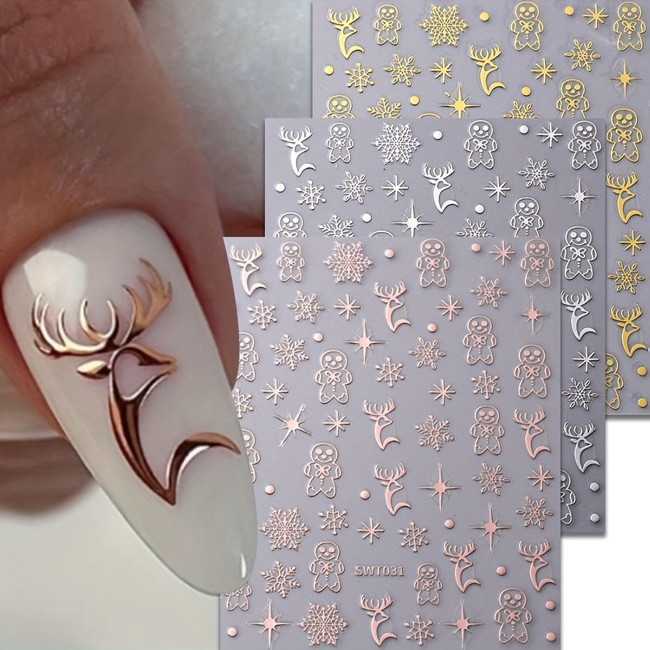 3pcs Christmas Nail Art Stickers Snowflakes Reindeer