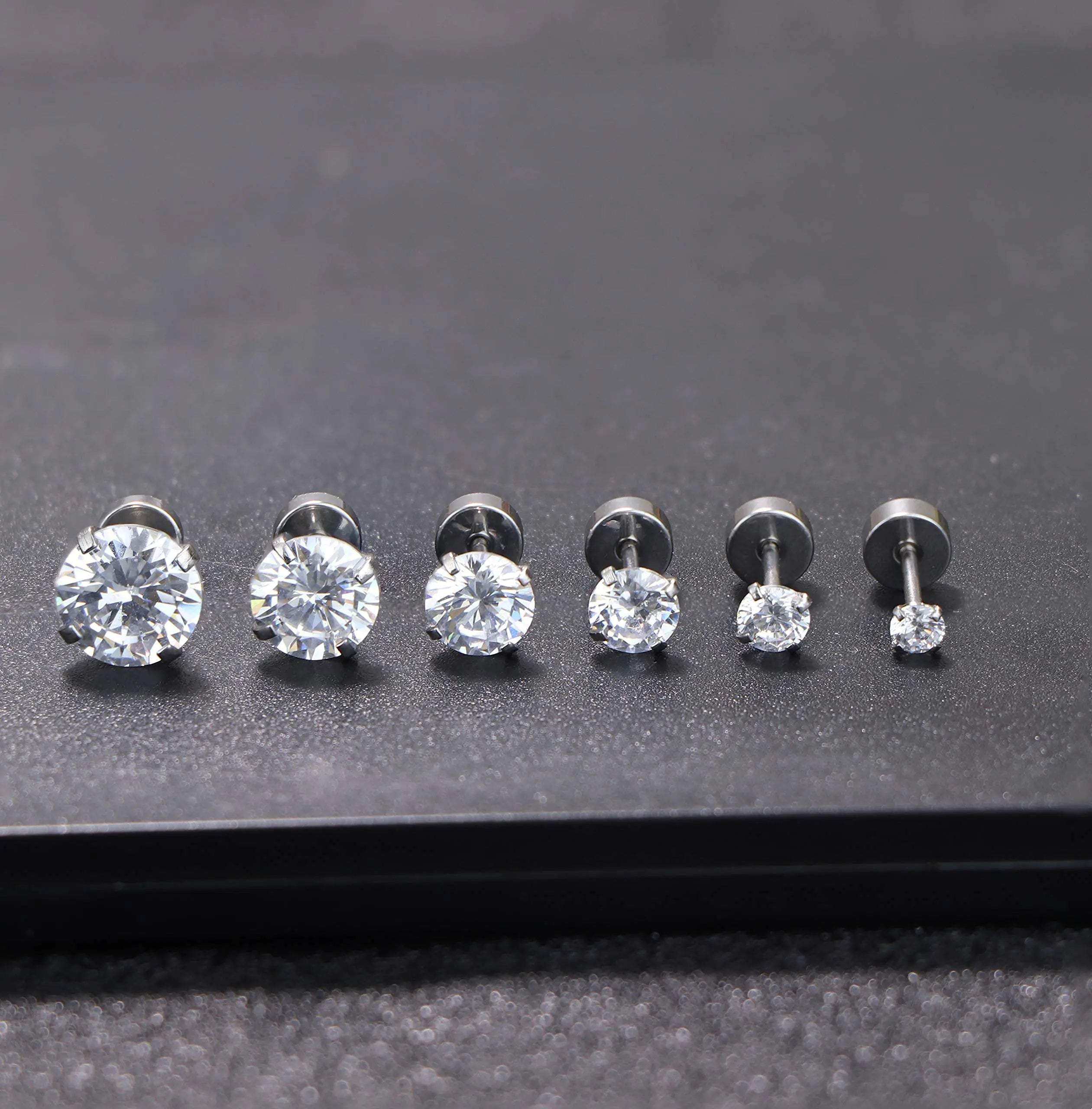 6 Pairs 18G CZ Inlaid Barbell Stud Earrings Set Stainless Steel