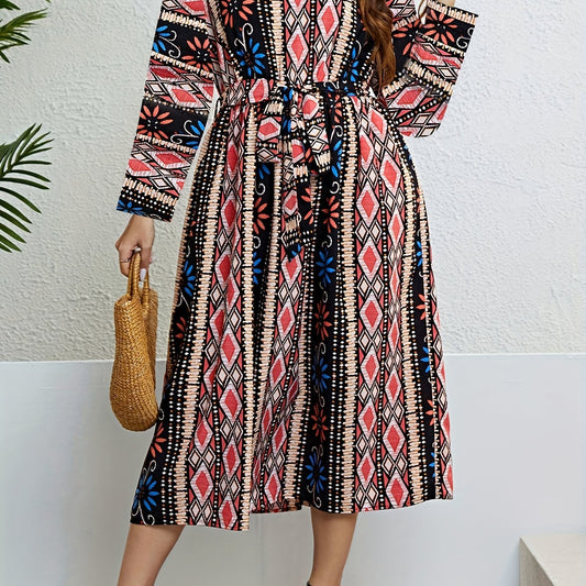 Geometric Print V Neck Dress With Belt