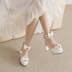 Women's Platform High Heels Bowknot Lace Faux Pearl Ankle Strap Chunky Heels