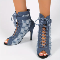 Women's Denim Plaid Stiletto Heels Peep Toe Pumps