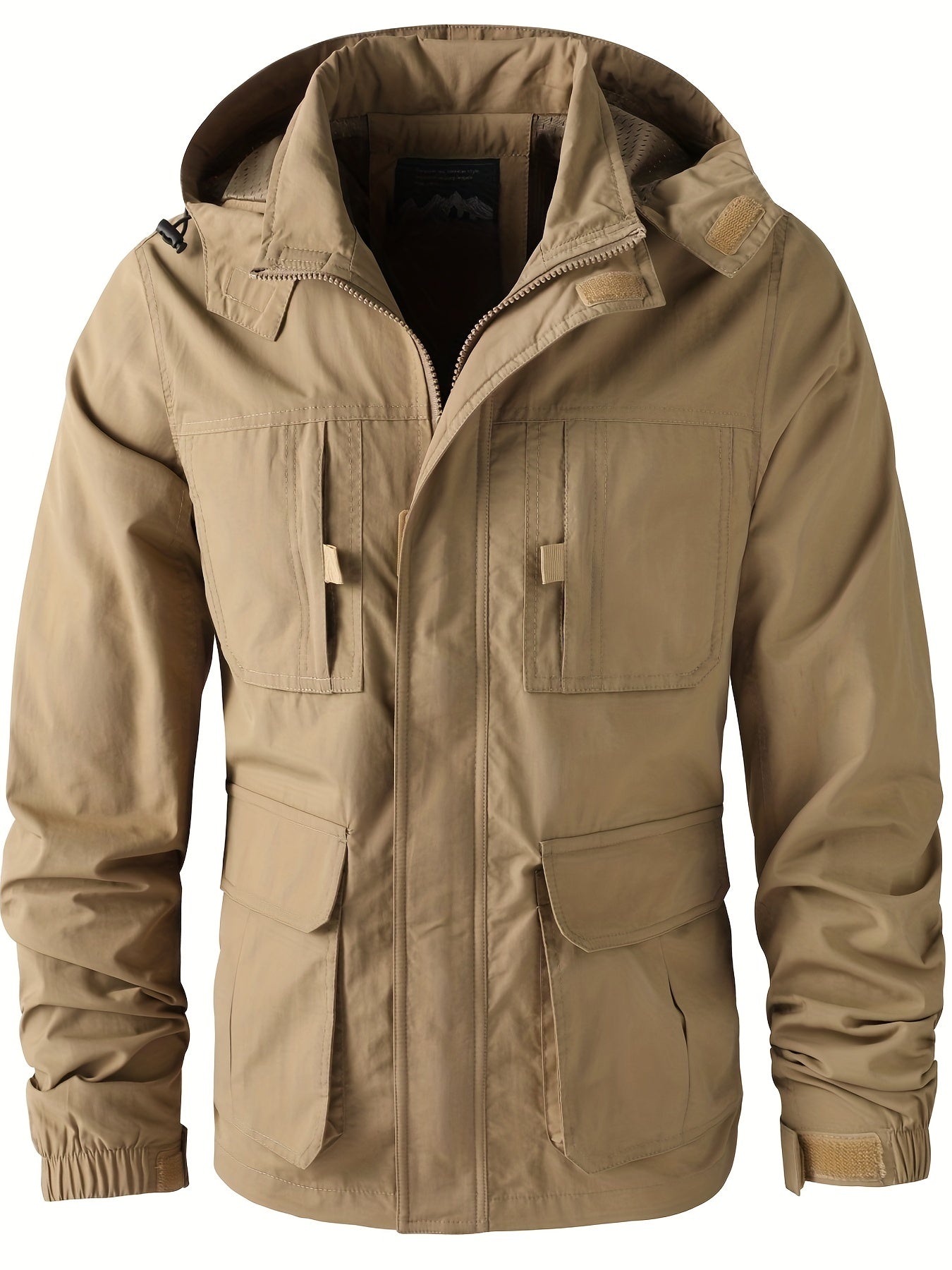 Pocket Hooded Windbreaker Jacket Men's Zip Up Stand Collar Coat