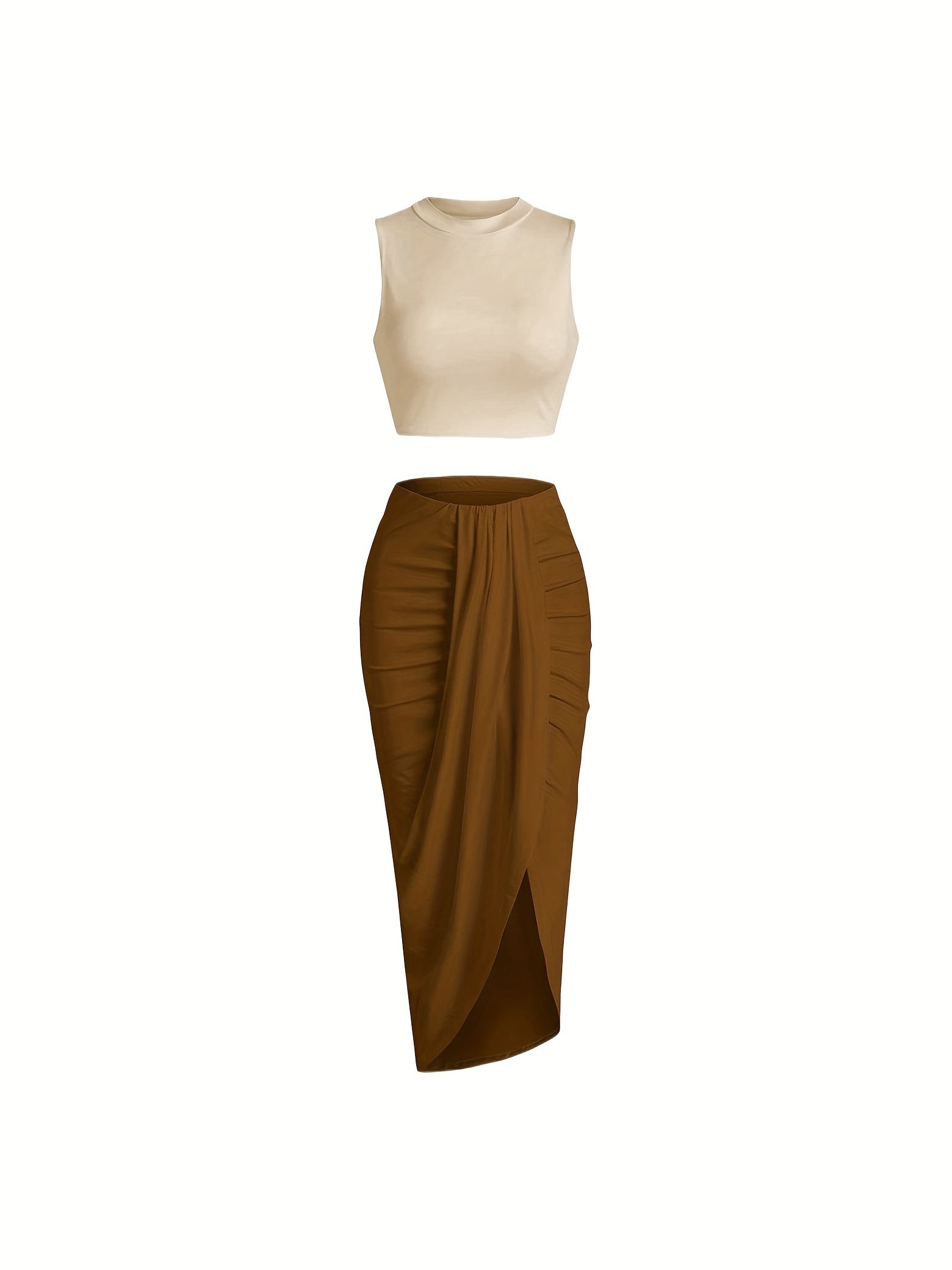 Crop Tank Top & Ruched Split Front Skirt Set Women's Outfit