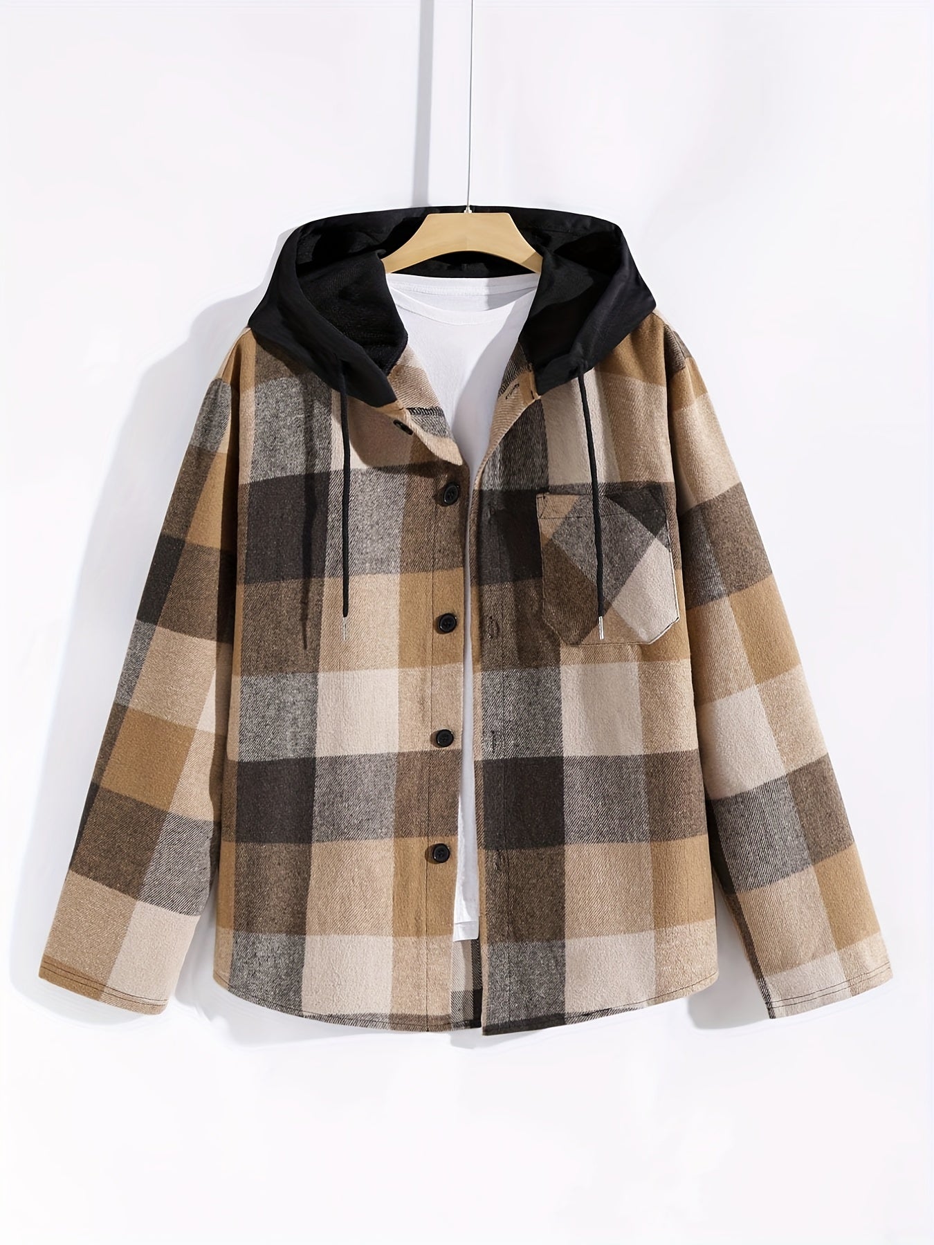 Plaid Jackets For Men Chest Pocket Button Up Hooded Stylish Coat