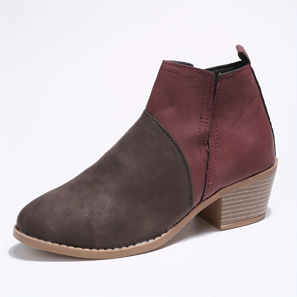 Women's Colorblock Block Heel Ankle Boots Round Toe V-cut Slip On Mid Heels