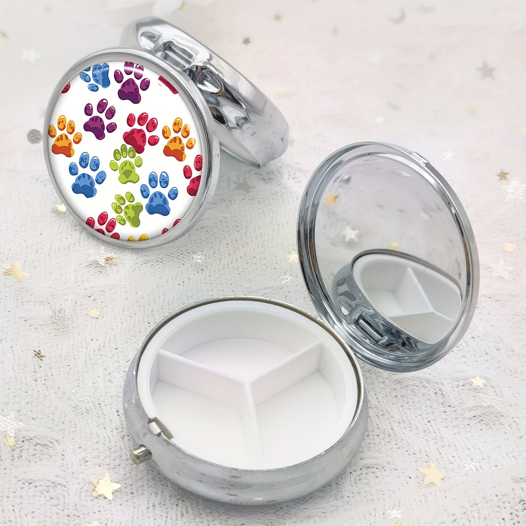 Colorful Dog Paw Print Round Pill Box Medicine Vitamin Organizer
