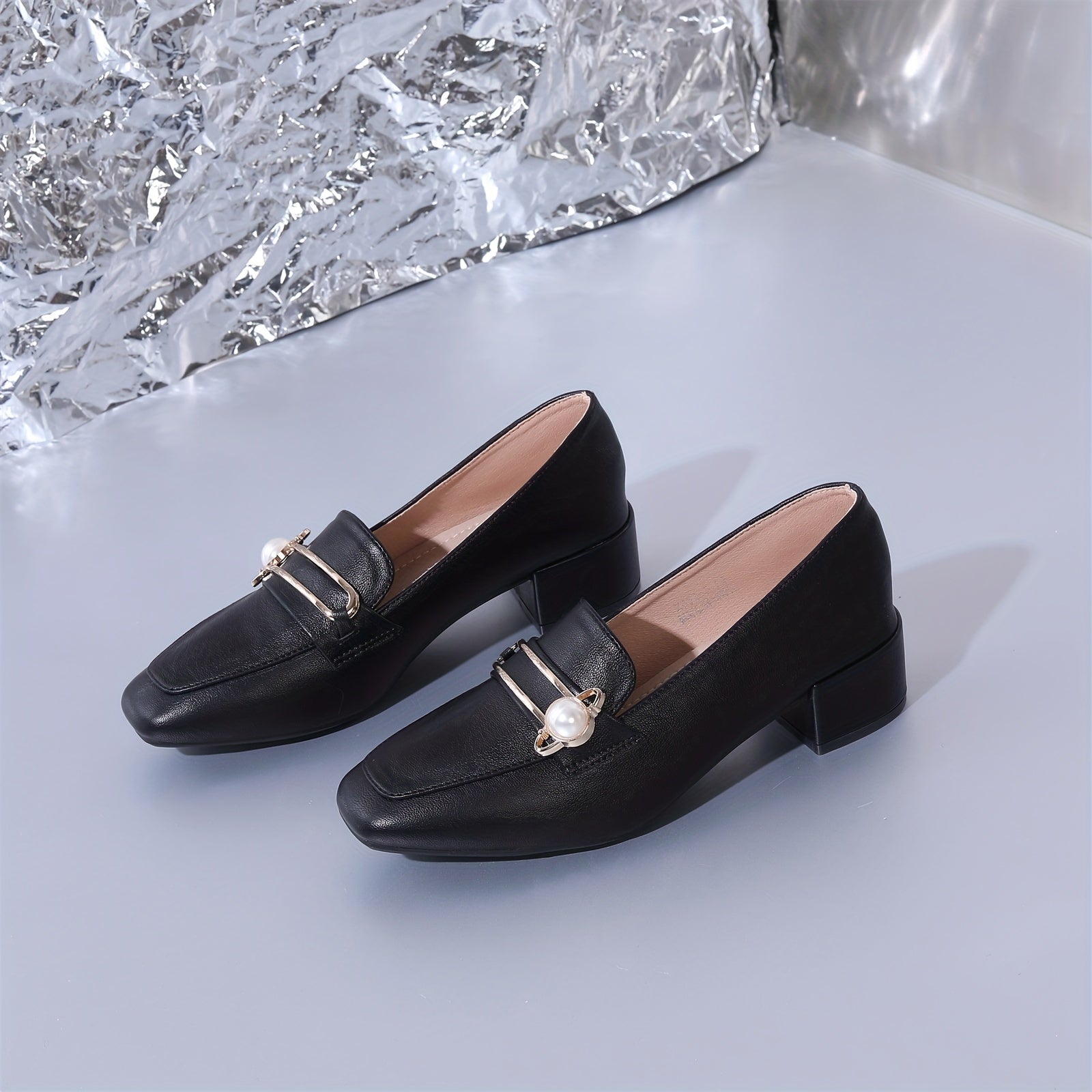 Women's Faux Metal Block Heels Slip On Shoes