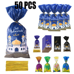 50pcs Eid Mubarak Gift Bags Plastic OPP Candy Cookie Bag Ramadan Kareem Decorati