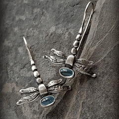 Vintage Dragonfly Stud Earrings with Oval Synthetic Gems for Party