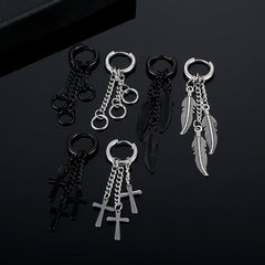 1pc Stainless Steel Feather Cross Pendant & Tassel Small Hoop Earring