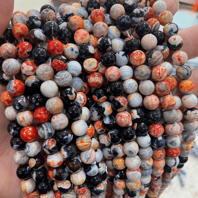 Orange Dream Fire Dragon Veins Agates Round Loose Beads 15'' Strand