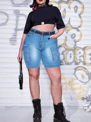 Women's Plus Washed Button Fly Denim Shorts With Flap Pockets