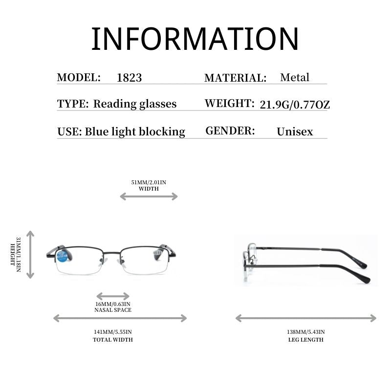 Metal Frame Light Block Lens Reading Glasses 1.0-4.0 Unisex