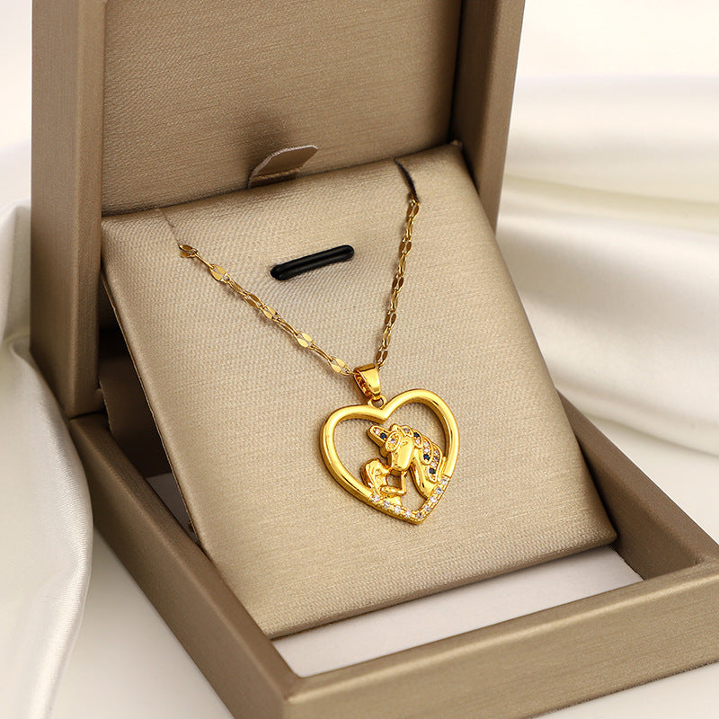 Girl's Unicorn & Girl Zircon Necklace Titanium Steel Chain Jewelry