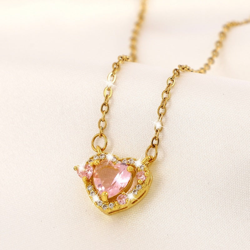 Girl's Pink Love Crystal Pendant Necklace Charm Jewelry