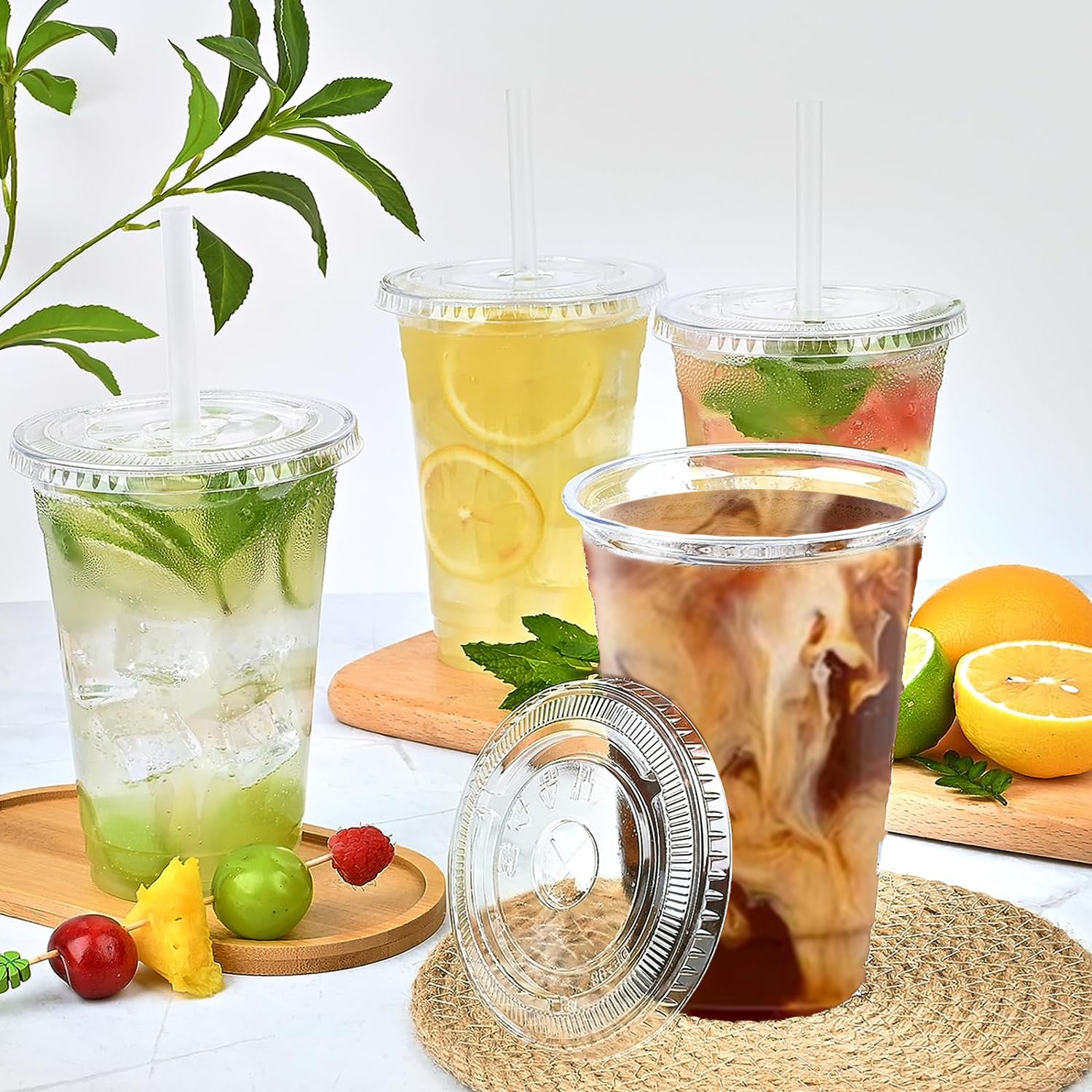 50PCS 16-20OZ Clear Plastic Cups with Flat Lids for Party Ice