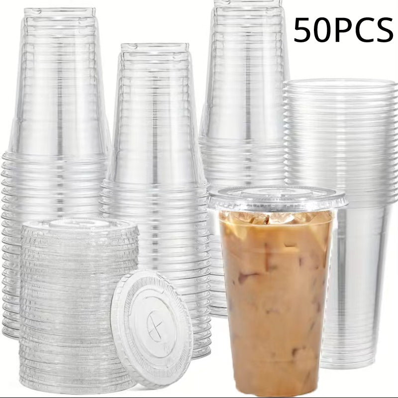 50PCS 16-20OZ Clear Plastic Cups with Flat Lids for Party Ice