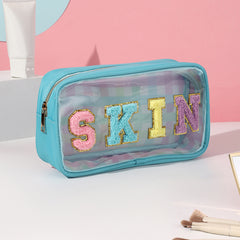 Preppy Makeup Bag With Patches Skin Pouch Chenille Letter