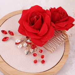 Red Rose Flower Hair Combs Bridal Headpiece Hair Accessories