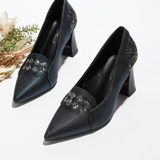 Women's Rhinestone High Heels Slip On Glitter Chunky Heels Dress Pumps